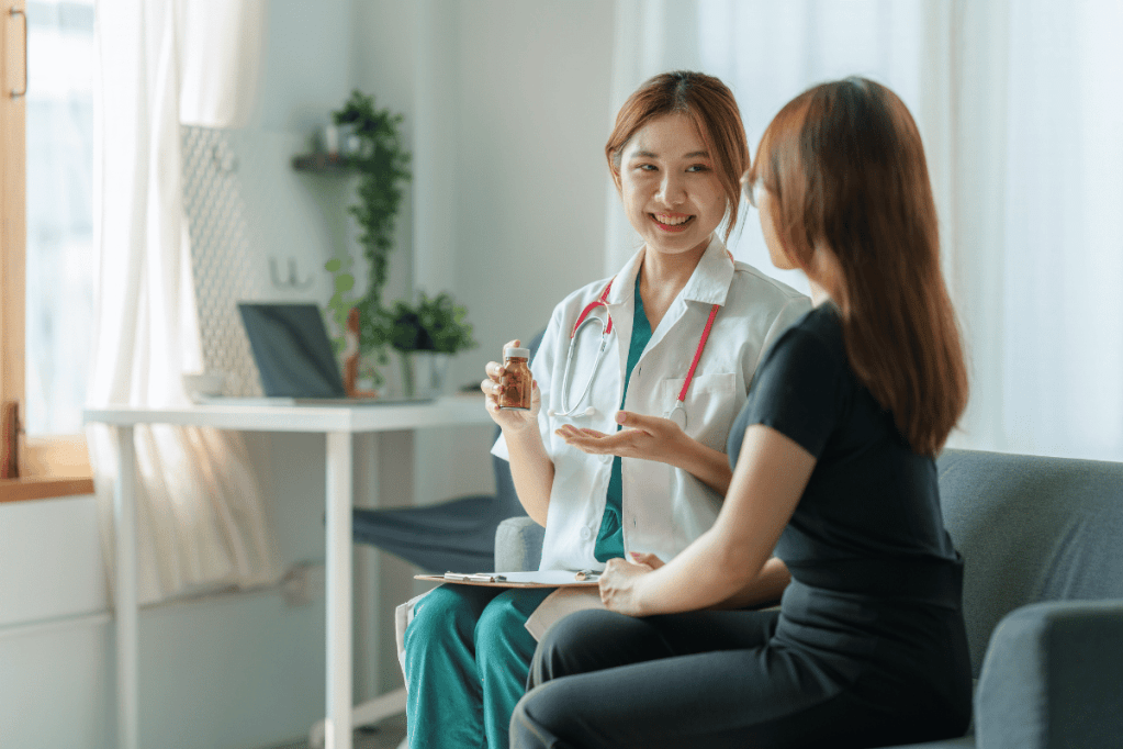 Clinical trial participants discussing with researchers