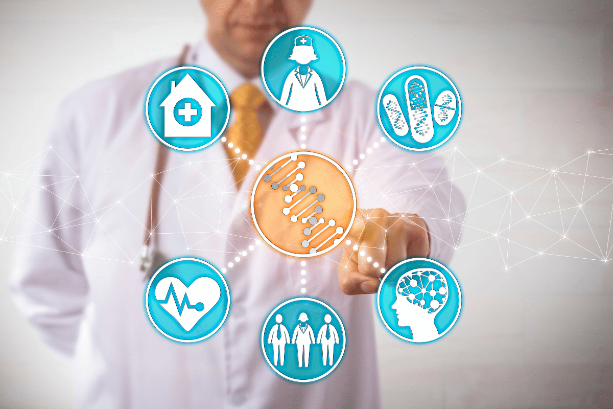 Doctor in lab coat pointing at interconnected icons representing various aspects of healthcare, including medical care, DNA, brain health, and clinical research.
