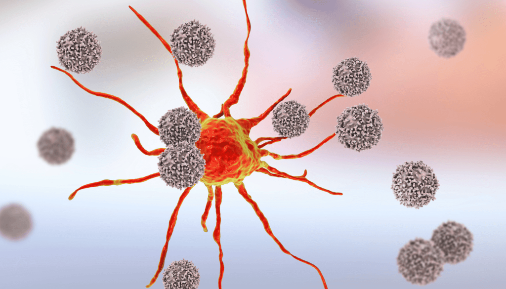 Illustration depicting immune system cells in action, representing an overreaction of the immune system, commonly referred to as a cytokine storm.