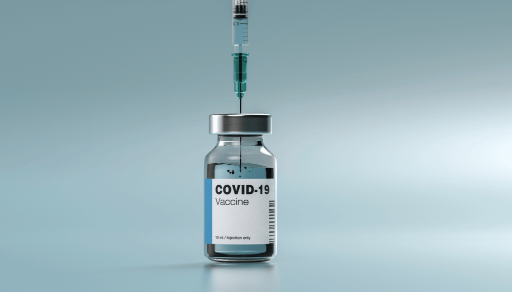 COVID-19 vaccine vial with syringe, representing vaccination efforts and clinical trials for COVID-19 prevention.