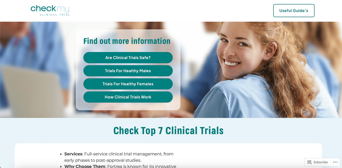 The home page of checkmytrial as part of the step by step guide